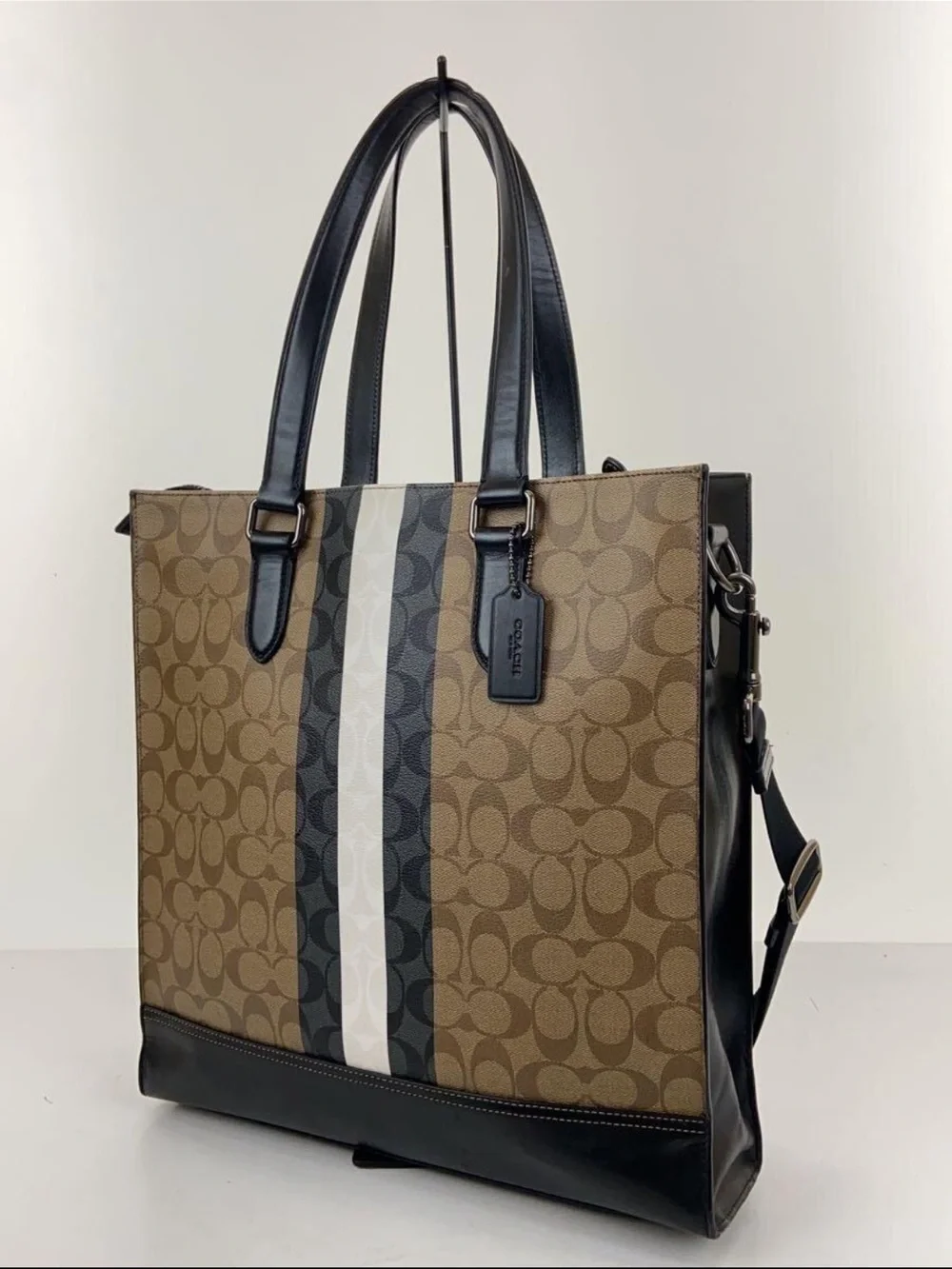 Coach Brown Signature Stripe Tote with Black Trim